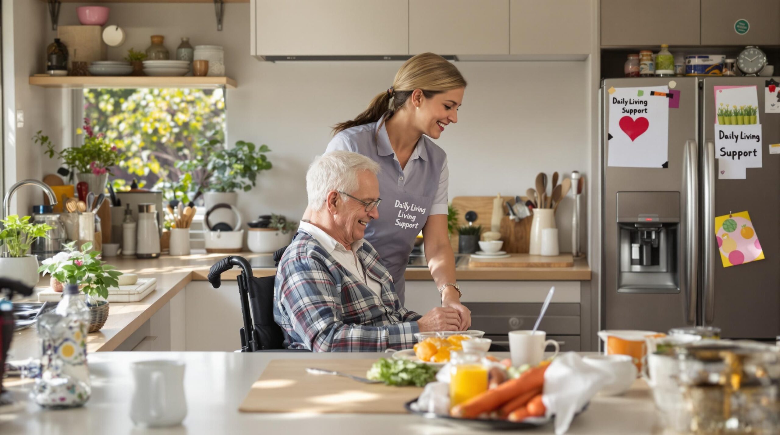 Disability support worker helping person with cooking at home