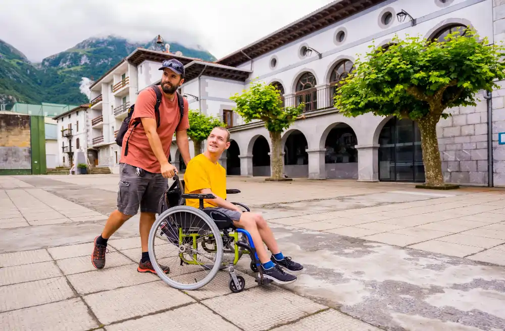 disabled-person-wheelchair-walking-through-town-square-with-friend